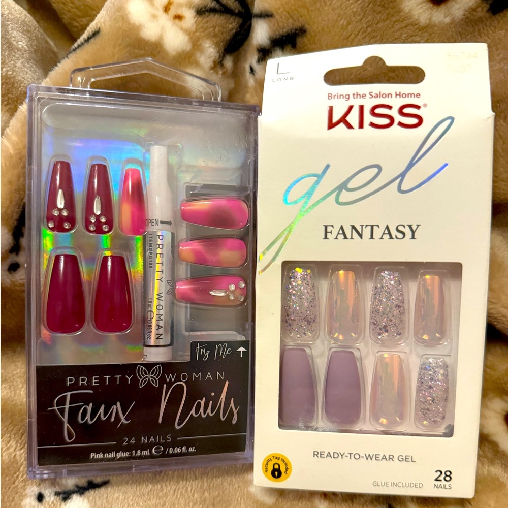 KISS Gel Fantasy Rainbow Rings & Pretty Woman Pink Press On Fake Nails Bundle